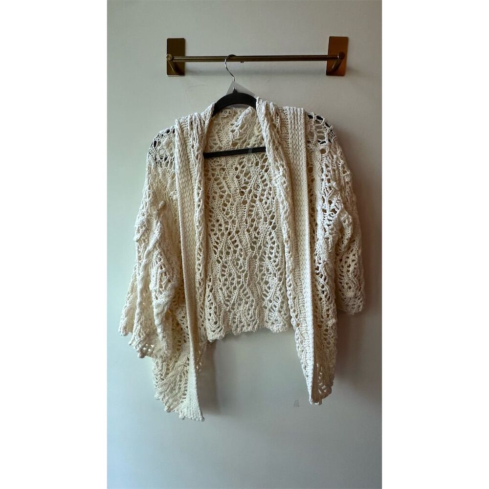 POL Women's Small Beige Hooded Crochet Knit Pullover Sweater - Picture 4 of 5